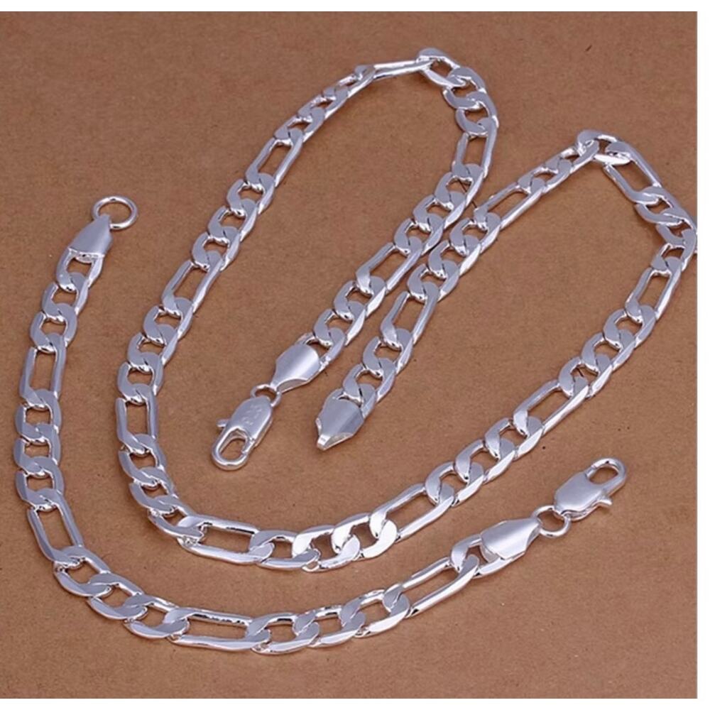8MM Set Figaro Bracelet 7” Necklace 18” 925 Sterling Silver Plated Unisex